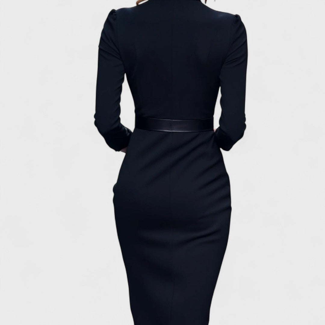 Hana - Elegantní černé šaty s páskem a límcem