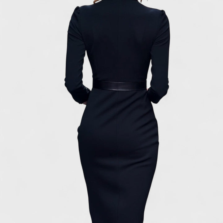 Hana - Elegantní černé šaty s páskem a límcem